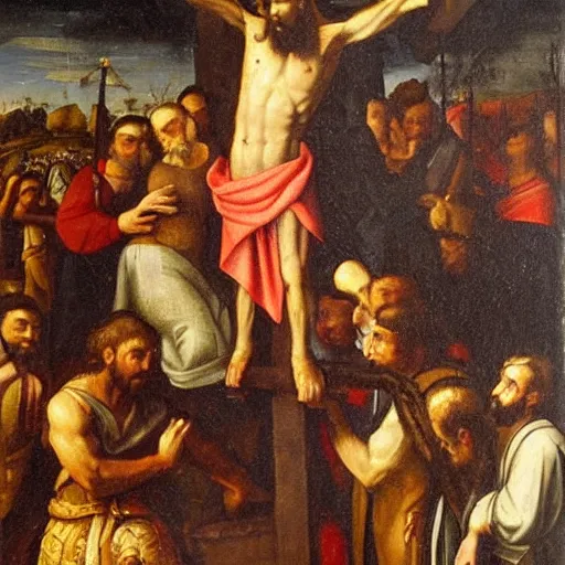 Prompt: christ carrying the cross, very detailed oil painting, 1 7 century, by juan de juanes
