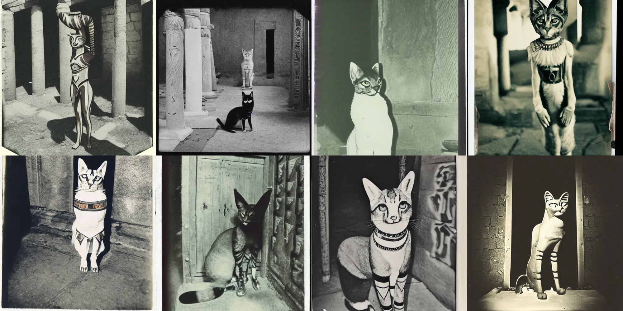 Prompt: old polaroid from 1 9 5 2 depicting egyptian cat goddess bastet, fursona, fursuit, standing in the entrance of an temple, sunny day