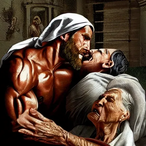 Image similar to ripped jesus punching an old lady, highly detailed, hyper realistic,