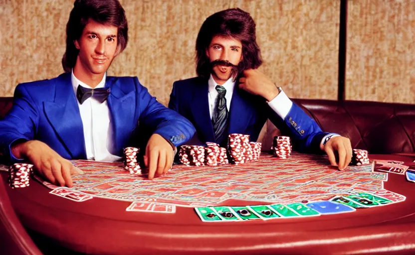 Image similar to color photo of a photomodel handsome man playing poker. las vegas. 8 0's style