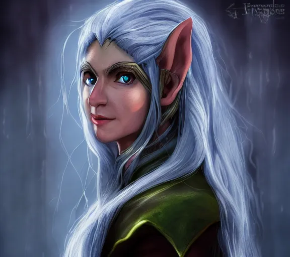 Image similar to Portrait of a powerful Elven Mage from a computer role-playing game in the style of Icewind Dale; masterpiece; trending on artstation; f/1.4; 90mm