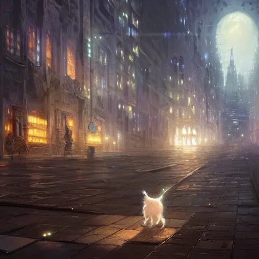 Prompt: Concept art, beautiful painting of a cat, shining its light among stars, wandering around a metropolis city, 8k, james gurney, greg rutkowski, john howe, artstation