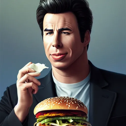 Image similar to portrait of John Travolta eating big mac hamburgers, extra onions and ketchup, hyperdetails, displacement mapped octane render, luscious patty with sesame seeds, ethereal, handsome, D&D, fantasy, intricate, elegant, highly detailed, digital painting, artstation, concept art, matte, sharp focus, illustration, art by Artgerm and Greg Rutkowski and Alphonse Mucha