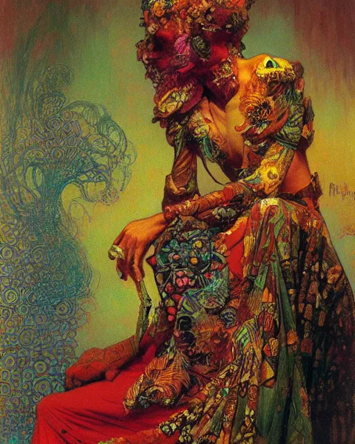 Image similar to flowerpunk portrait of a fierce old matriarch by paul lehr, beksinski, alphonse mucha