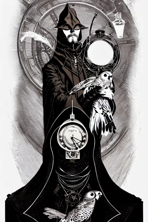 Image similar to side view of majestic steampunk alchemists cloaked wizard holding his pet owl, high details, bold line art, by vincent di fate and joe fenton, inking, etching, screen print, masterpiece, trending on artstation, sharp, high contrast, hyper - detailed,, hd, 4 k, 8 k