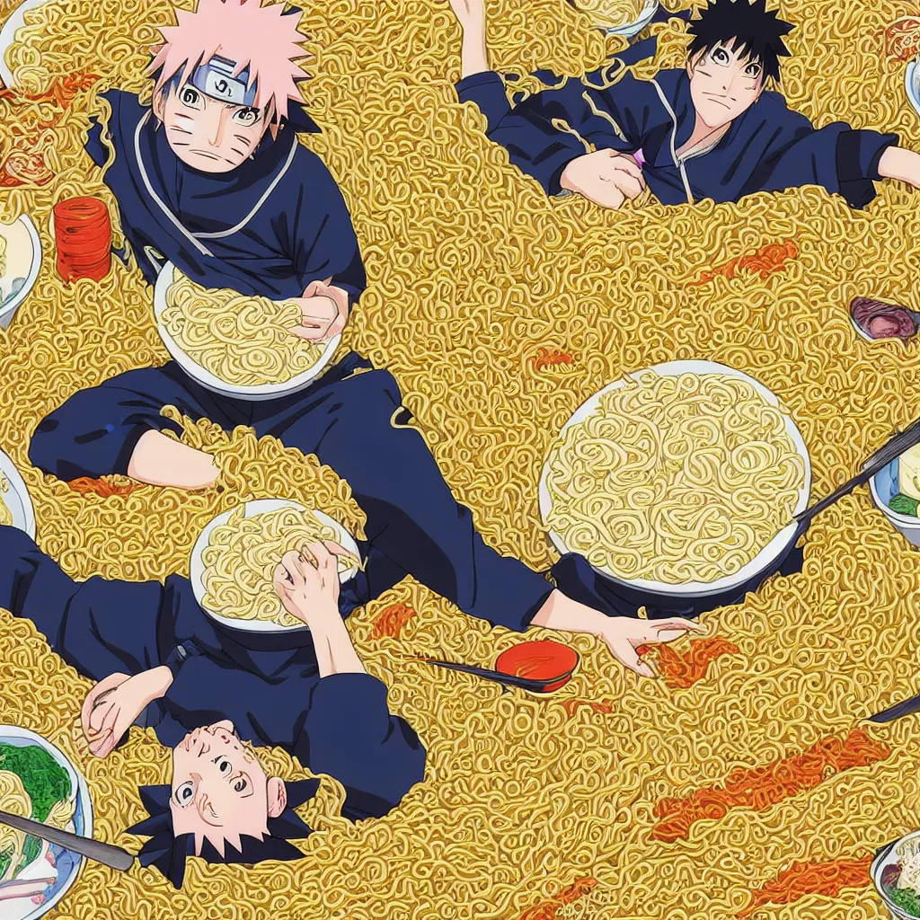 Image similar to a color manga illustration of naruto laying in a pile of ramen noodles and bowls, holding a large bowl of ramen and slurping up noodles. the view is top down. his mood is one of delicious bliss and the sense of the image is abundance. the image is illustrated in high colorful detail by masashi kishimoto and is very very very detailed.