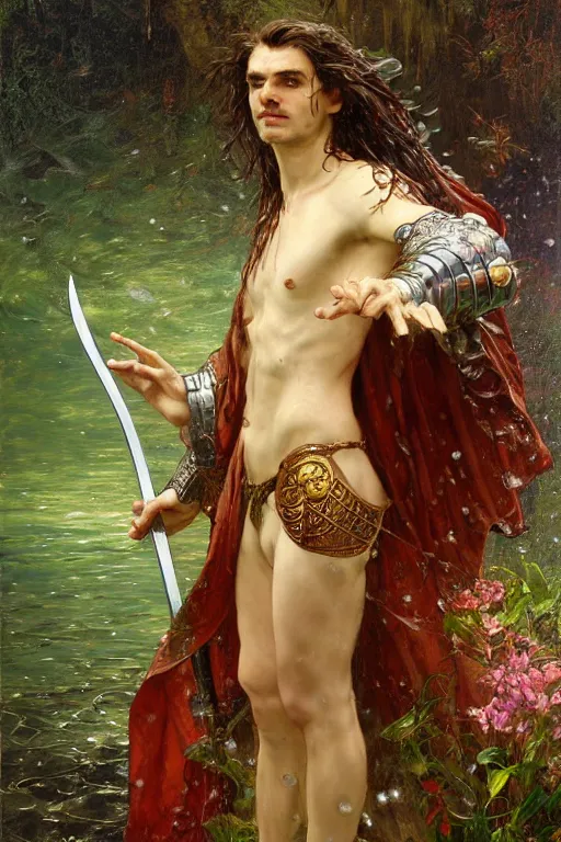 Prompt: portrait of a man wearing a knight robe, holding a sword, drenched body, wet dripping hair, emerging from the water, fantasy, regal, fractal crystal, fractal gems, by stanley artgerm lau, thomas kindkade, alphonse mucha, loish, norman rockwell