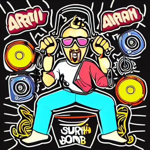 Image similar to svg vector sticker of absolute-mad-man-surf-bum-party-machine, rocking out, wearing headphones, huge speakers, dancing, rave, DJ, spinning records, digital art, amazing composition, rule-of-thirds, award-winning, trending on artstation, featured on deviantart