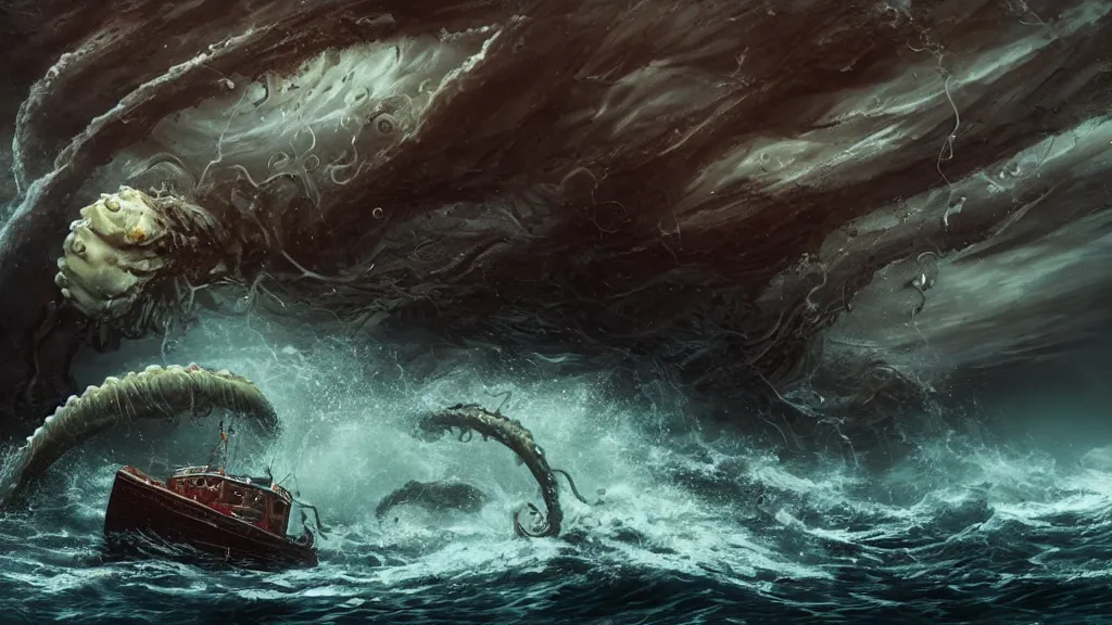 Image similar to a huge monster of the deep emerges out of the crashing waves to attack a small fishing boat, tentacles, horror, cinematic lighting, Technicolor, global illumination