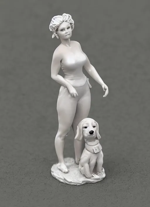 Image similar to 80mm resin detailed miniature of a Woman with a Dog, Product Introduction Photos, 4K, Full body, simple background