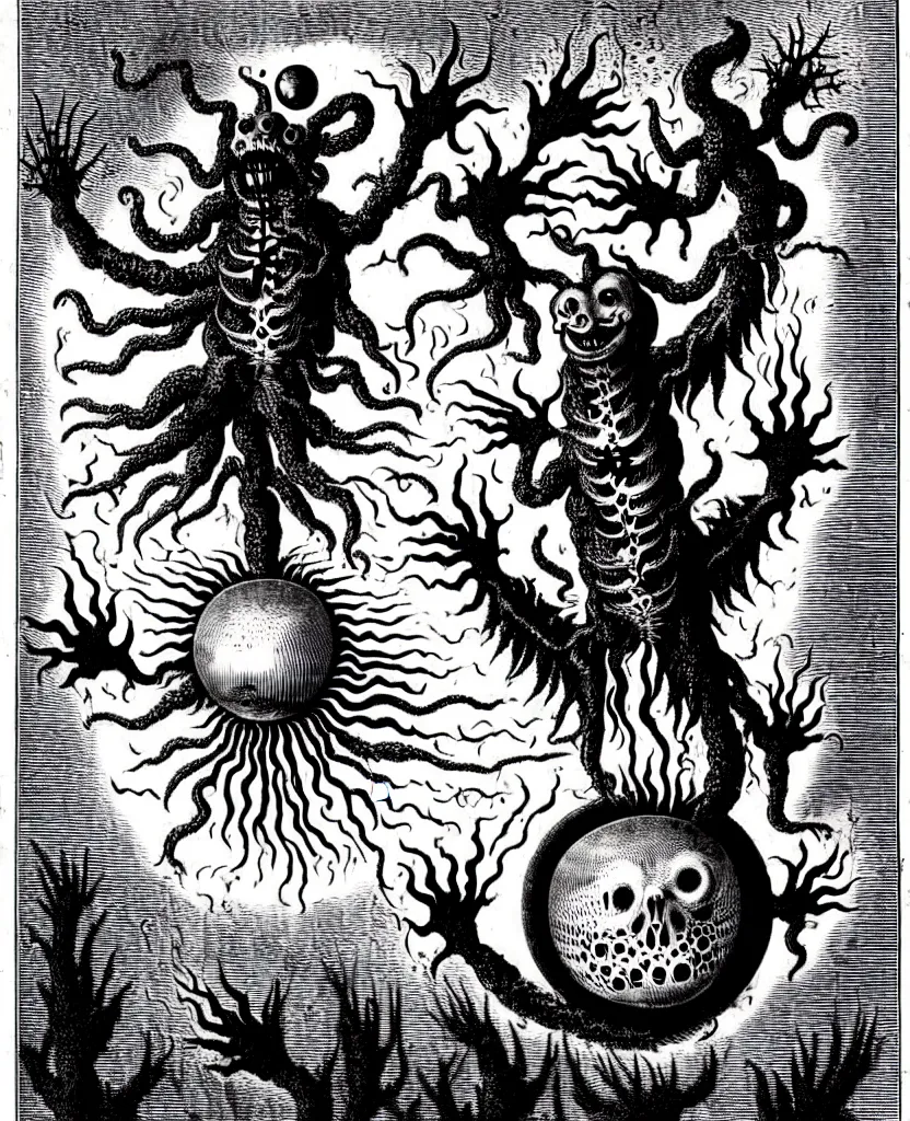 Image similar to fiery freaky creature sings a unique canto about'as above so below'being ignited by the spirit of haeckel and robert fludd, breakthrough is iminent, glory be to the magic within