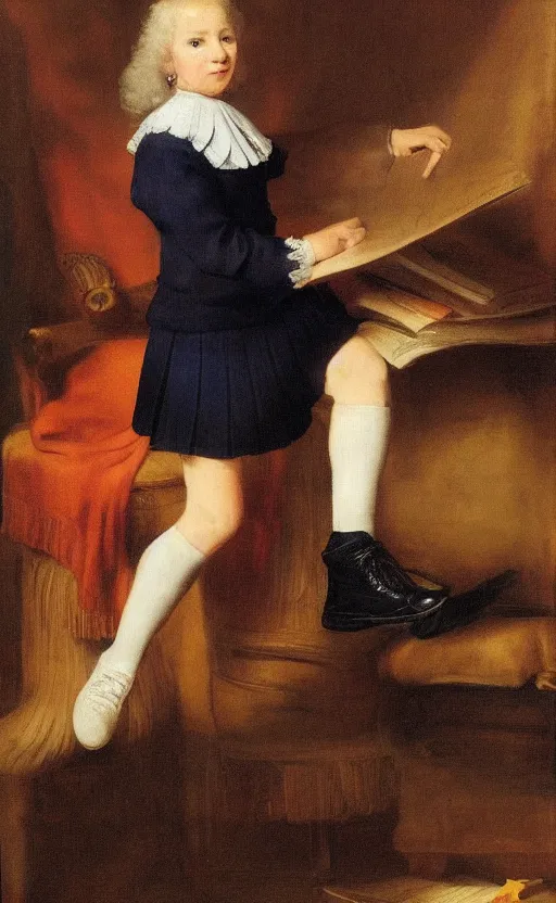 Prompt: donald trump in school dress, school uniform, seifuku, pleated miniskirt, overknee socks,. by rembrandt 1 6 6 7, illustration