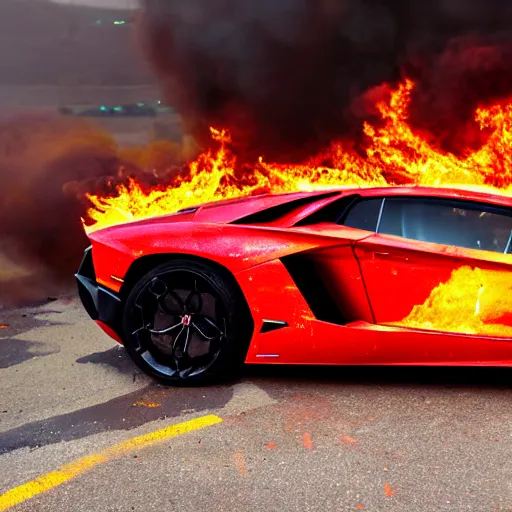 Image similar to a lamborghini aventador parked in a hellish fiery demon world, plumes of flame, scattered burning debris, acid rain, cinematic photography, film still, hd