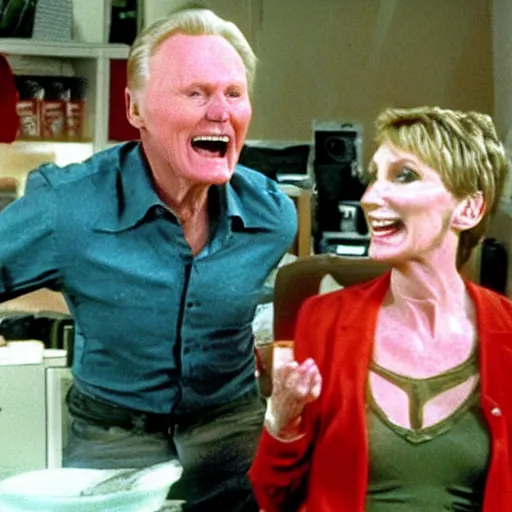 Image similar to john voight pranking jane lynch, green slime bucket, throwing slime at her, jane lunch is furious, steam coming out her ears, john voight is giddy, ps 2 graphics, water colour style