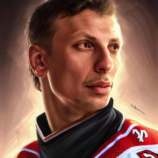 Image similar to Portrait of hockey player Igor The Professor Larionov, fantasy, intricate, elegant, highly detailed, digital painting, artstation, concept art, smooth, sharp focus, luxury fashion illustration, art by artgerm and greg rutkowski and alphonse mucha, brightly lit cinematic soft lighting, photorealistic