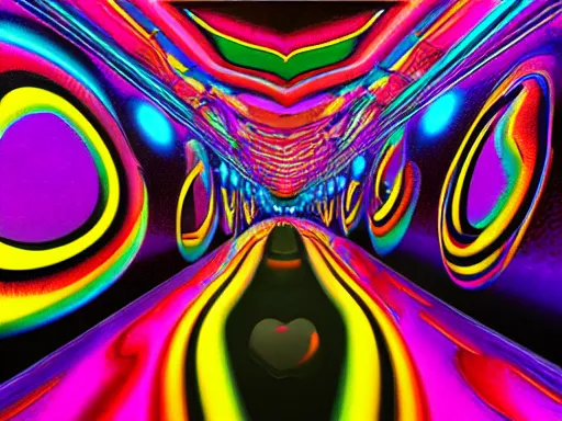 Prompt: Immersive VR experience of a world formed from distorted oily colorful black and white hearts in surreal abstract form, vivid, vibrant, a painting in neon geometric inks, art nouveau, art deco, vraytracing, artstation.