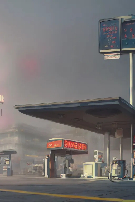 Prompt: a highly detailed matte painting of a single gas station with a sign in the fog by studio ghibli, makoto shinkai, by artgerm, by wlop, by greg rutkowski, volumetric lighting, octane render, 4 k resolution, trending on artstation, masterpiece