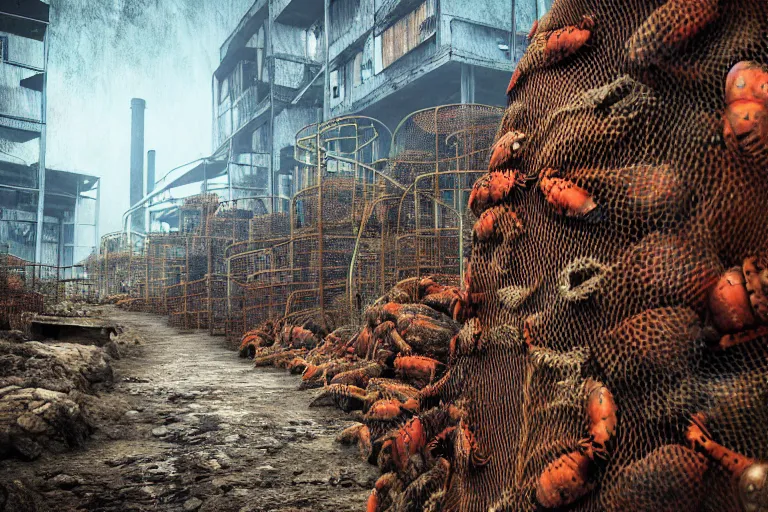 Prompt: favela winding lobster hive, wooded environment, industrial factory, haunting, award winning art, epic dreamlike fantasy landscape, ultra realistic,