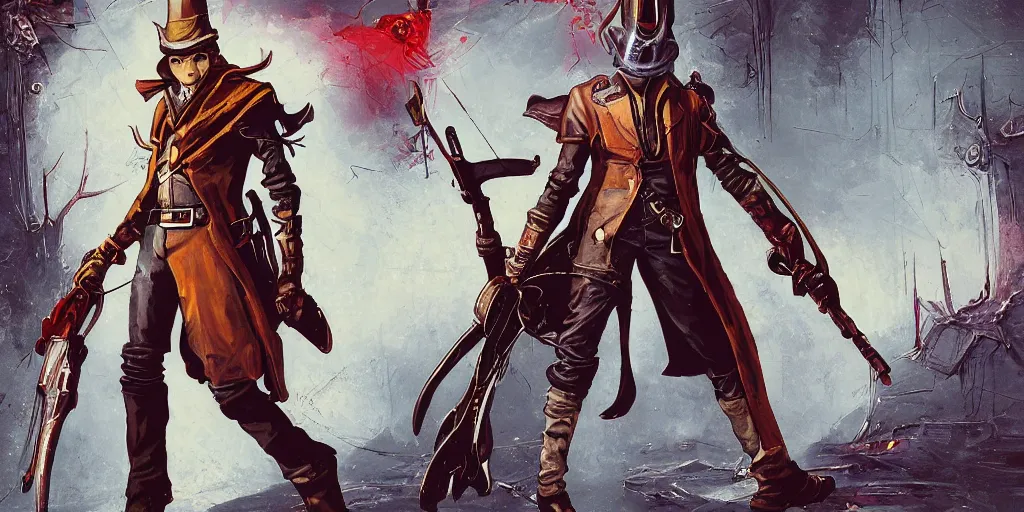 Image similar to a retrofuturism hunter from bloodborne, style by retrofuturism, faded red and yelow, by malcolm smith