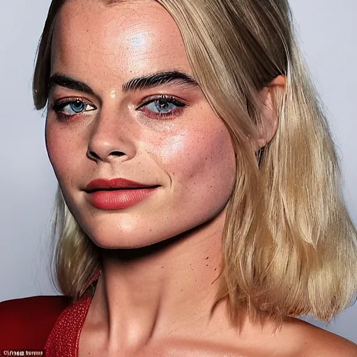 Image similar to a woman who is a genetic combination of margot robbie and emma watson face and upper - body focus