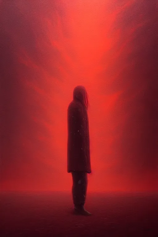 Prompt: a painting of a person standing in the snow, blizzard, a surrealist painting by zdzisław beksinski and by alena aenami, deviantart, nuclear art, dystopian art, apocalypse landscape, red color scheme, surrealist