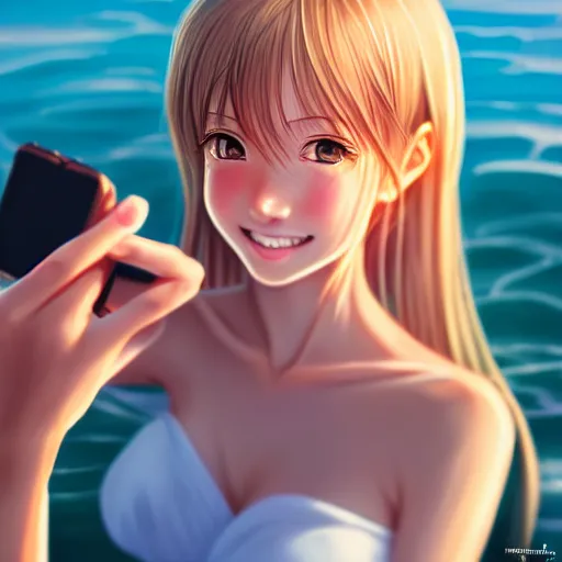 Prompt: beautiful serene intricate very detailed portrait of a realistic anime girl taking a selfie, smiling softly, wearing casual clothes, relaxing on the beach, golden hour, soft focus, 8 k, art by irakli nadar, hyperrealism, hyperdetailed, ultra realistic