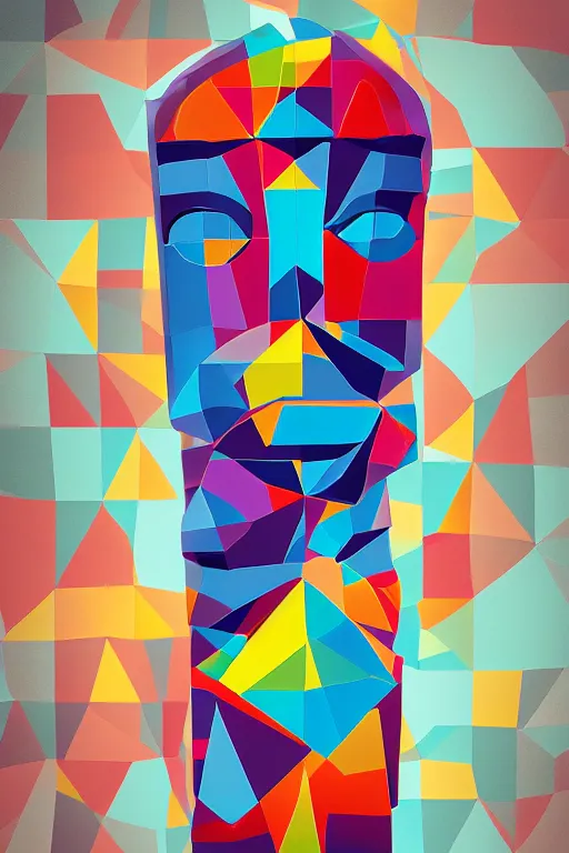 Image similar to abstract cubist moai statue geometric cutout digital illustration cartoon colorful beeple