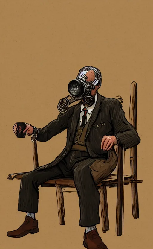 Image similar to old, man, farmer, work, vintage suit, sittin, wood, straw, kettle, book, gasmask, non fiction, stability, intricate, elegant, 8 k, uhd, justify, artstation, concept art, matte, sharp focus, illustration, consistent, one object content, proportional object content