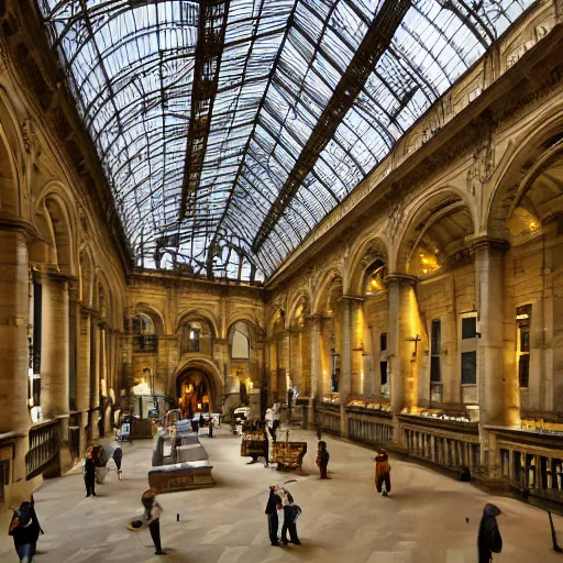Prompt: paris old building museum from 1 6 0 0, paleontology and comparative anatomy gallery, largest collections in the world, consisting of herbariums, meteorites, micro - organisms, dinosaur, vertebrae, molluscs, rocks, by james gurney