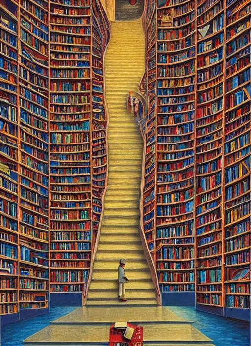 Image similar to the staircase at powell's city of books, vintage shapes, retro technology, happy colors. rob gonsalves, oil on canvas, deep depth field, masterpiece, cinematic composition, hyperdetailed