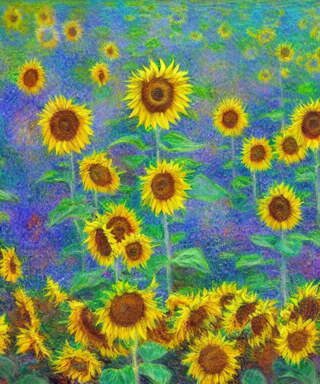 Image similar to sunflower garden, water painting, monet, heavenly, sun rays, intricate, colorful, highly detailed, digital painting, soft tones