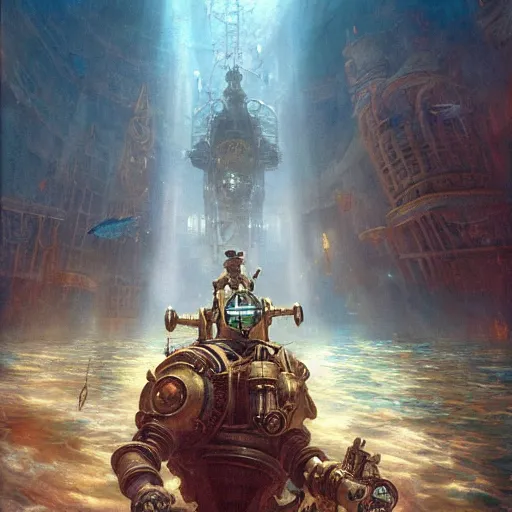 Image similar to underwater city, bioshock, highly detailed painting by gaston bussiere, craig mullins, j. c. leyendecker 8 k