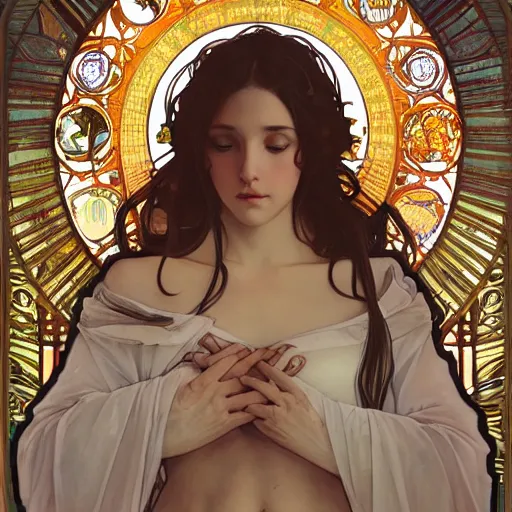 Image similar to a Portrait of A goddess in a church with a holy light emanating from her body by alphonse mucha and wlop,In style of digital art illustration.hyper detailed,smooth, sharp focus,trending on artstation,4k