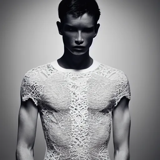 Prompt: a portrait of a beautiful young male wearing an alexander mcqueen bodysuit made of ombre lace , photographed by andrew thomas huang, artistic