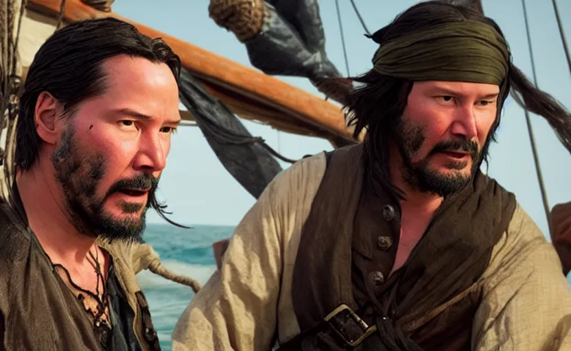 Image similar to Keanu reeves in a role of Sea of thieves Pirate, film still