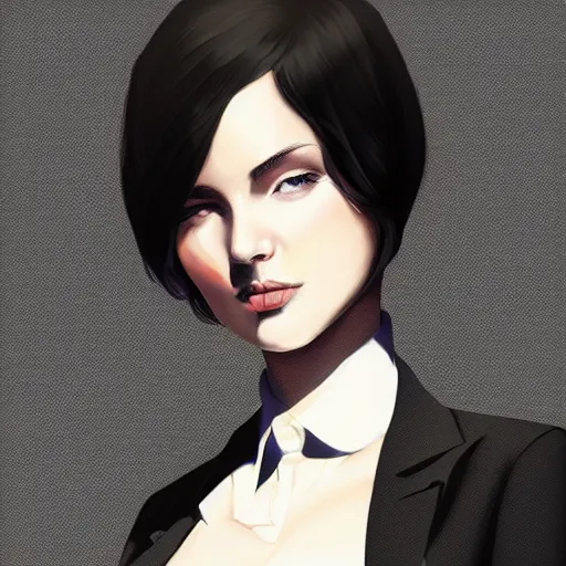 Image similar to slim girl in tuxedo with short black hair, elegant, 2d, ultra highly detailed, digital painting, smooth, sharp focus, artstation, art by Ilya Kuvshinov