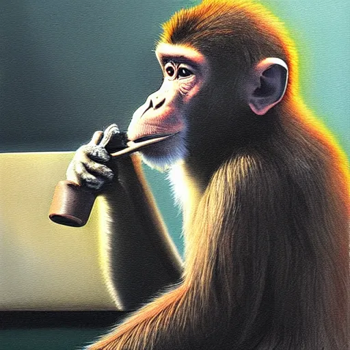 Prompt: Monkey drinking rum, computer in the background, photorealistic painting, diffuse lighting