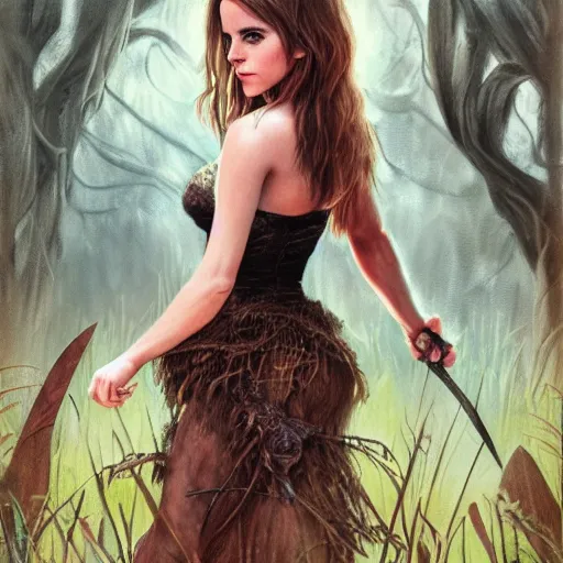 Prompt: emma watson as a swamp princess, hot, hyper realistic, smooth skin, extra detailed, barely any clothes, trending on art station, full body image by julie bell