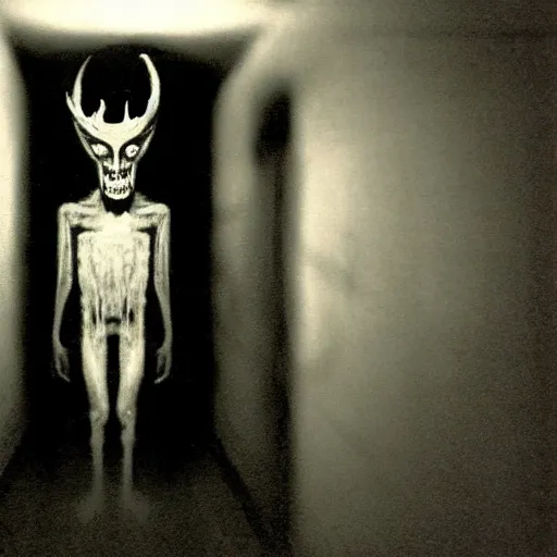 Prompt: a flash photo of creepy wendigo with an unnatural smile standing in a vantablack hallway from the horror movie rec, shaky camera, it is deformed and is staring at the camera from the end of a dark liminal hallway. caught on vhs, film grain, national geographic award winning photography,