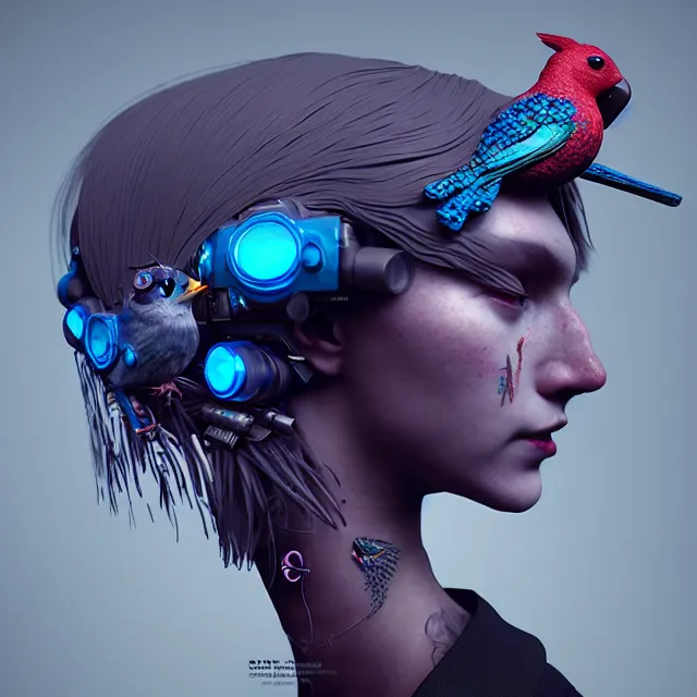 Prompt: a woman with a bird on her head, cyberpunk art, cgsociety, psychedelic art, biomorphic, zbrush, behance hd, octane, cgsociety, houdini, 8 k, highly detailed, intricate