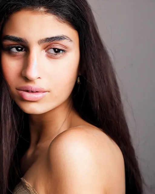 Prompt: a highly realistic, true to life portrait of a beautiful young middle eastern girl, sharp focus, from the waist up, with sharp features, a beautiful face, soft smile, under studio lighting, taken with a canon eos camera with 1 3 5 mm focal length, by annie leibovitz