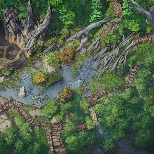 Image similar to a topdown battlemap from 9 0 degrees angle of a forest, dnd encounter, bridge, river, rocks, dawn, dark fantasy, extremely detailed, no people, photorealistic, octane render, 8 k, unreal engine 5. art by artgerm and greg rutkowski and alphonse mucha