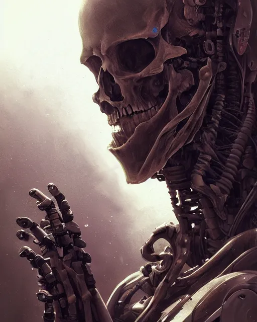 Image similar to skeleton with cybernetic enhancements with some flesh as seen from a distance, scifi character portrait by greg rutkowski, esuthio, craig mullins, 1 / 4 headshot, cinematic lighting, dystopian scifi gear, gloomy, profile picture, mechanical, half robot, implants, solarpunk