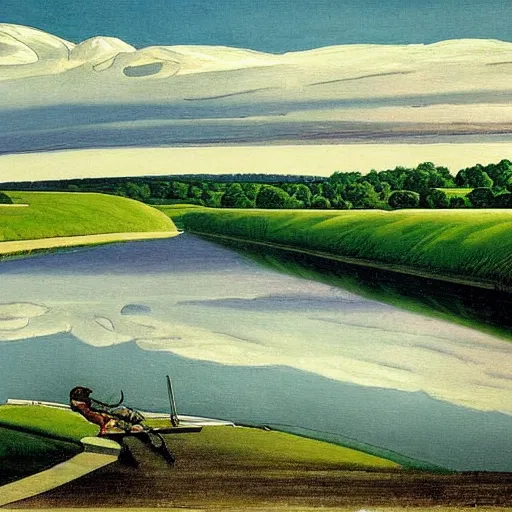 Image similar to a beautiful painting of Columbus Ohio Scioto river by Rockwell Kent