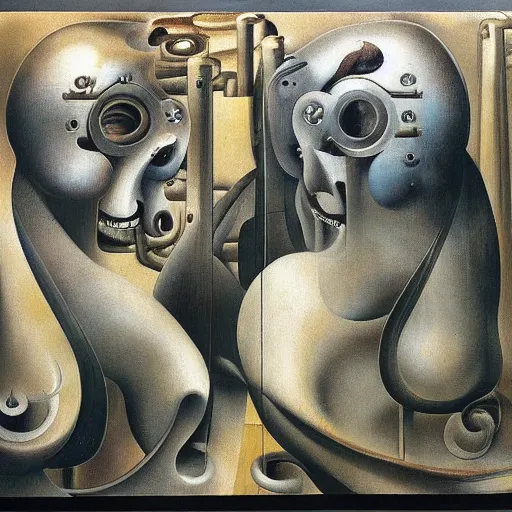 Image similar to Oil painting by Dali. Two mechanical gods with animal faces having a conversation. Oil painting by Hans Bellmer.