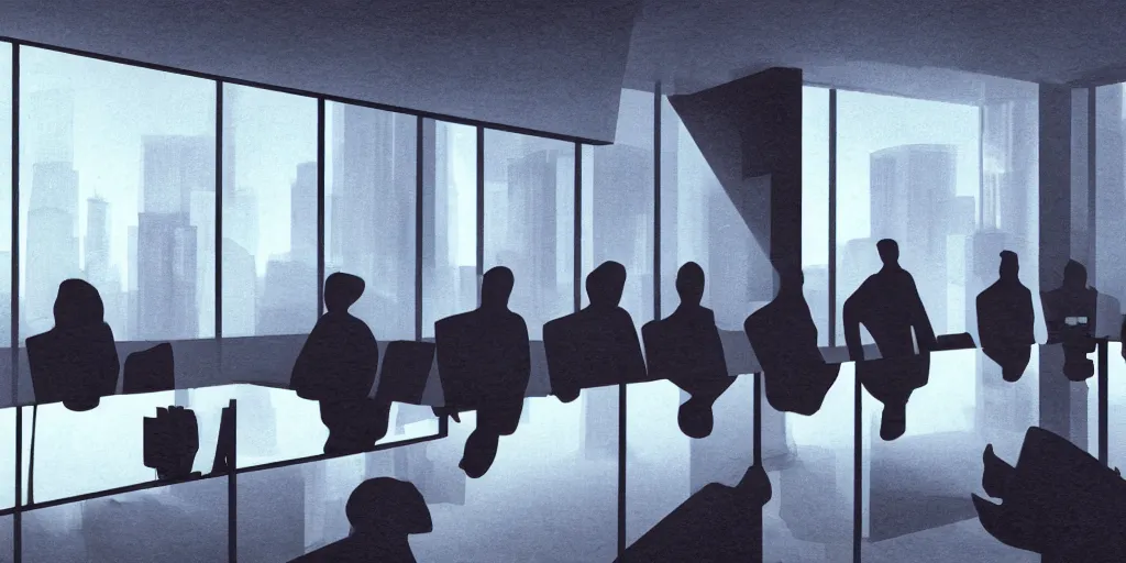 Prompt: cinematic view of orwellian shadow figures arguing at a boardroom table in front of a skyscraper window by cedric peyravernay, depth of field, sharp focus, pop art style, intricate, high detail, digital painting, ultra realistic, cinematic lighting, artstation, 3 5 mm film grain