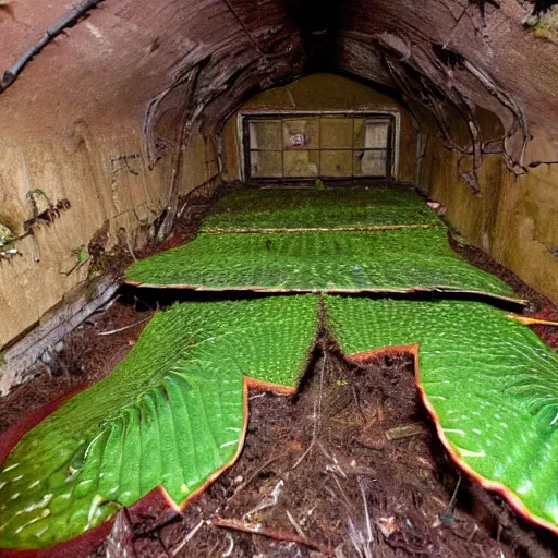 Prompt: abandoned, overgrown, underground bunker. giant mutated venus flytrap room.