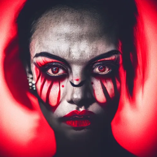 Image similar to stunning beautiful portrait photography of a face detailing demonic Countess wearing red and black dress from national geographic magazine award winning, dramatic lighting, taken with Sony alpha 9, sigma art lens, medium-shot