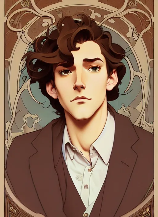 Prompt: art nouveau portrait of a young man with curly light brown hair, brown eyes, serious facial expression, casual clothes, natural lighting, path traced, highly detailed, high quality, cartoon, digital painting, by don bluth and ross tran and studio ghibli and alphonse mucha