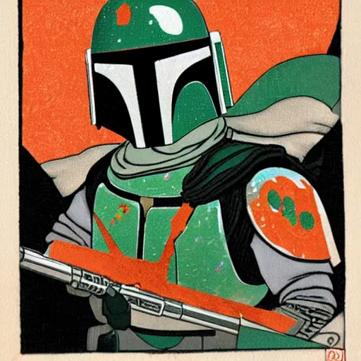 Prompt: boba fett at a cantina, ukio-e artstyle